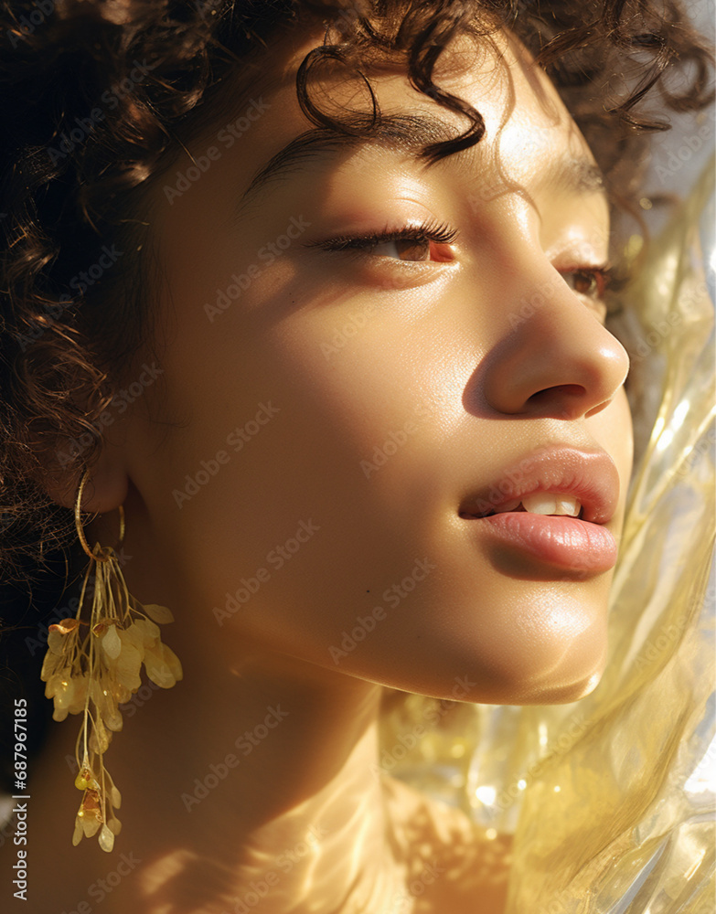 the model is smiling while wearing gold earrings, in the style of liquid light emulsion, organic, fluid lines, close-up, rounded 
