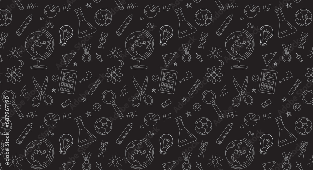 seamless pattern education icon, calculator, star, scissor, globe, atom, pencil, etc. seamless pattern education icon, calculator, star, scissor, globe, atom, pencil, etc.