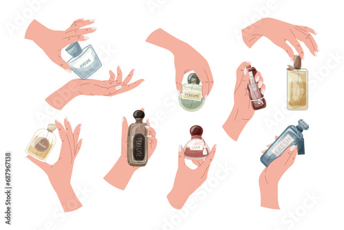 Elegant female hands with manicure holding a bottle of perfume. Set of vector isolated cartoon illustrations, aromatic perfumed water.