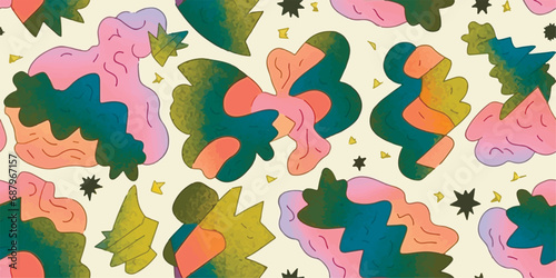 90s style retro seamless pattern with geometric shapes. Multi colored curved spots. Stained pattern with grainy texture. Risograph style background with layering and shifting shapes