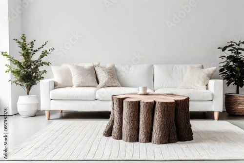 Trees stump coffee tables and white sofa with woolen blanket against white wall with copy space. Scandinavian rustic home interior design of modern living room.