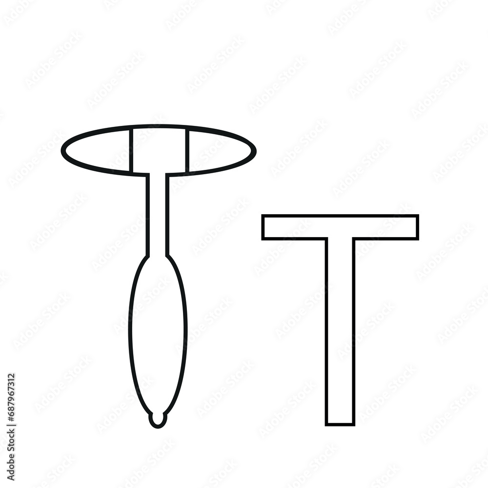 letter design in the form of a medical hammer for testing reflexes folded in a T shape, drawn in line art style letter design in the form of a medical hammer for testing reflexes folded in a T shape, drawn in line art style