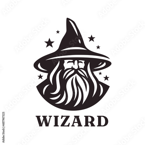 Bearded wizard logo. Warlock icon. Wise magician emblem. Mystical sorcerer symbol. Vector illustration.