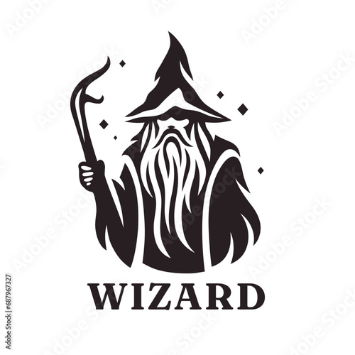 Bearded wizard logo. Warlock icon. Wise magician emblem. Mystical sorcerer symbol. Vector illustration.