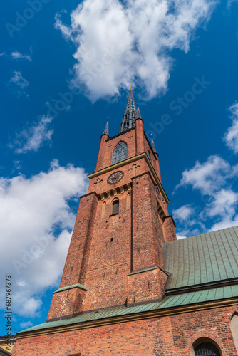 View of the clok tower of Riddarholm Church in the old part of Stockholm, Sweden.
