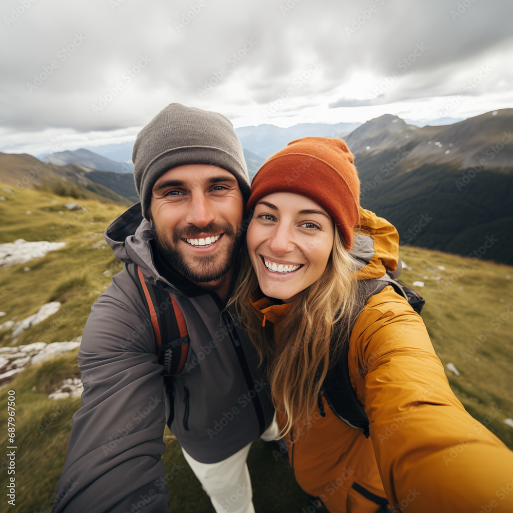 Cute couple of young people smiling and enjoying vacations trip together walking and trekking in mountains. Cheerful man and woman in love taking selfie