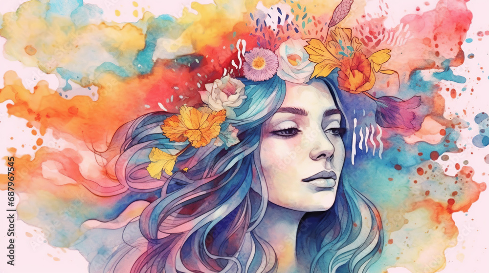 A girl, flowers and flowing hair, explosion of colors, watercolor illustration, mental health journey, A memory, a symbol, or a feeling that is important to you