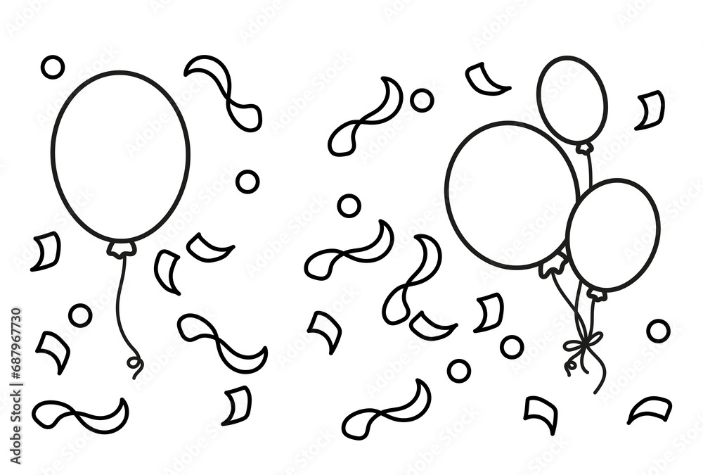 Balloons and confetti. Coloring book for children. Black and white vector illustration.