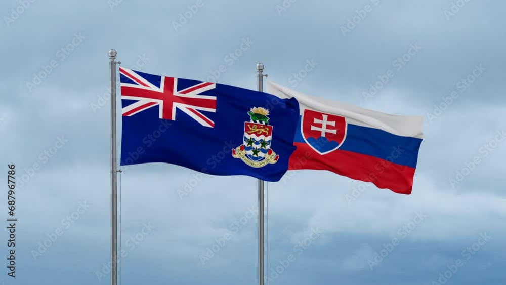 Slovak Republic or Slovakia and Cayman Islands flag waving together on cloudy sky, endless seamless loop, two country cooperation concept Slovak Republic or Slovakia and Cayman Islands flag waving together on cloudy sky, endless seamless loop, two country cooperation concept