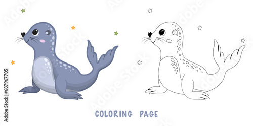 Coloring page of cartoon cute happy fur seal for design element. Vector illustration of funny sea animal on a white background. Сhildren's coloring book with color example.
