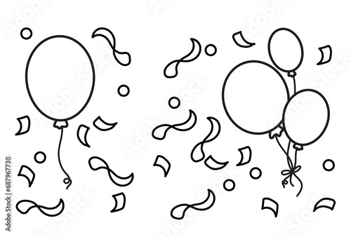 Balloons and confetti. Coloring book for children. Black and white vector illustration.