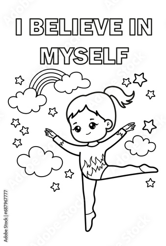 Kawaii girl gymnast. Coloring book for children. Black and white vector illustration.