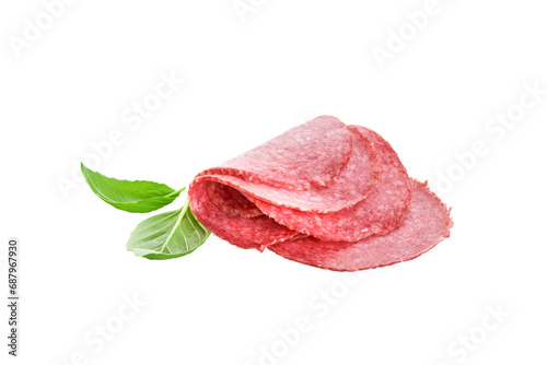 Salami sausage slices and leaf green basil isolated on white background. Few pieces or several slices. High resolution image. Can be used for self-design.