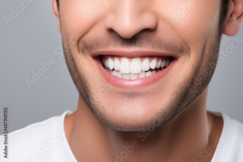 cropped shot of smiling man with white teeth, isolated on grey. Dental concept. Ai generative