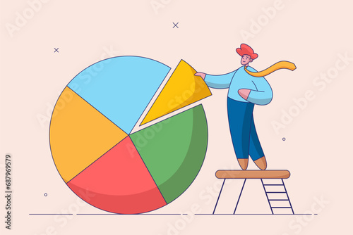 Investment asset allocation and rebalance concept. Businessman on ladder arrange pie chart as rebalancing investment portfolio to suitable for risk and return. 