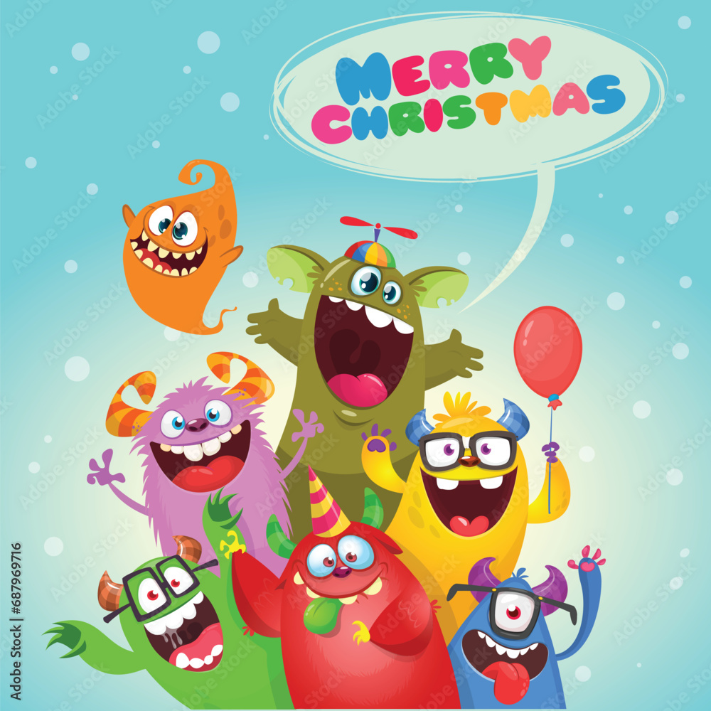 Naklejka premium Cartoon happy monsters set with different face expressions. Merry Christmas party invitation card or poster. New year's holiday design. Vector illustration
