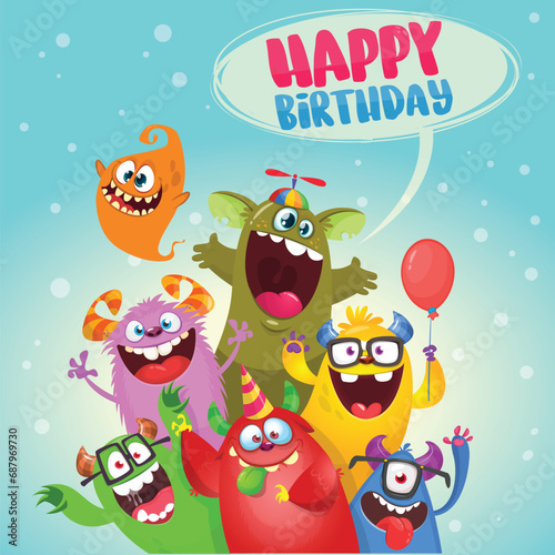 Cartoon happy monsters set with different face expressions. Merry Christmas party invitation card or  poster. New year's holiday design. Vector illustration