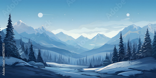 Winter Mountains Forest Vector Landscape Background