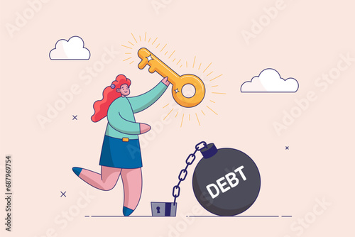 Debt free concept. Freedom for pay off debts, loan or mortgage, solution to solve financial problem. Savings or investment to break free. Happy woman holding key after unlock debt burden chain.