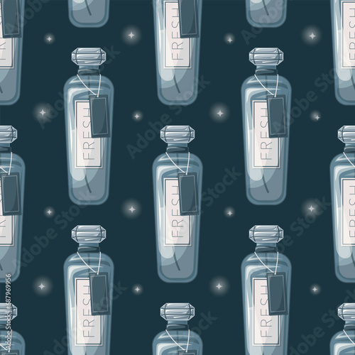 Glass elegant bottle of fragrant perfume. Vector seamless pattern, cartoon blue eau de parfum.