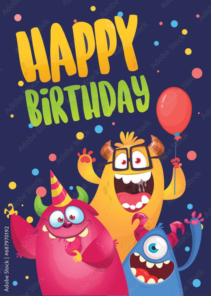 Cartoon happy monsters set with different face expressions. Birthday party invitation card or  poster design. Vector illustration