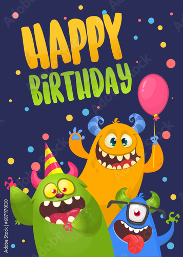 Cartoon happy monsters set with different face expressions. Birthday party invitation card or poster design. Vector illustration © drawkman