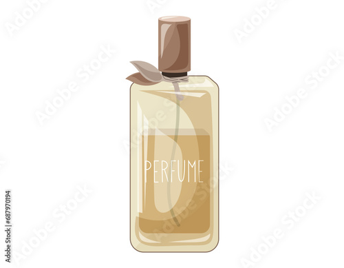 Glass elegant bottle of fragrant perfume. Vector isolated cartoon yellow eau de parfum.