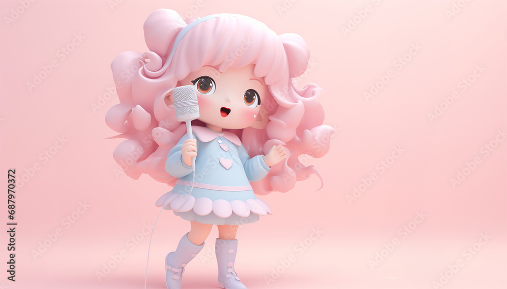 Cute cartoon girl animation with a microphone sings a song. Pink pastel background illustration 3D pastel background. Copy space performing singer concept Cute cartoon girl animation with a microphone sings a song. Pink pastel background illustration 3D pastel background. Copy space performing singer concept