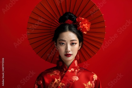 Photo asian woman in chinese dress traditional, chinese new year concept. one color background and copy space. generative ai
