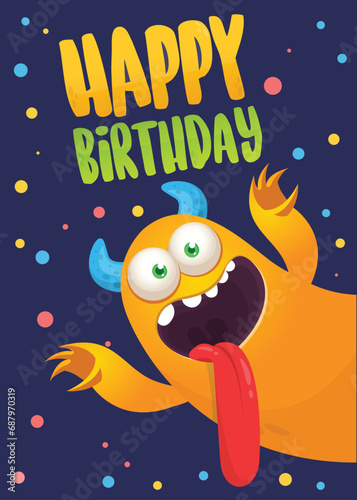 Cartoon happy monsters set with different face expressions. Birthday party invitation card or poster design. Vector illustration