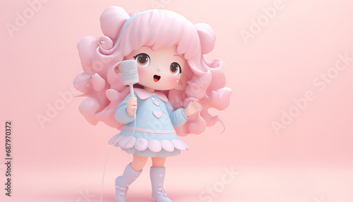 Cute cartoon girl animation with a microphone sings a song. Pink pastel background illustration 3D pastel background. Copy space performing singer concept