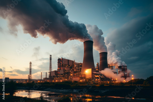 Power plant emitting dark thick smoke and steam. Environment problems concept.
