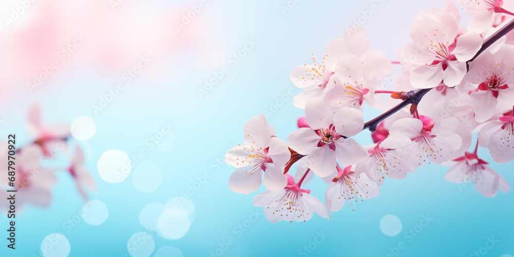 Fototapeta premium Delicate pink cherry tree blossom flowers blooming in spring, easter time against a natural sunny blurred sky Garden banner background blue, yellow and white bokeh. Graphic resource for copy space 
