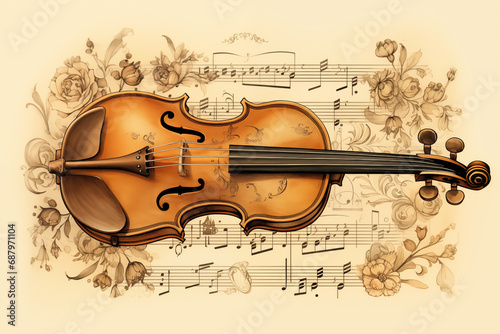 Violin musical instrument antique drawing on music sheet paper, illustration