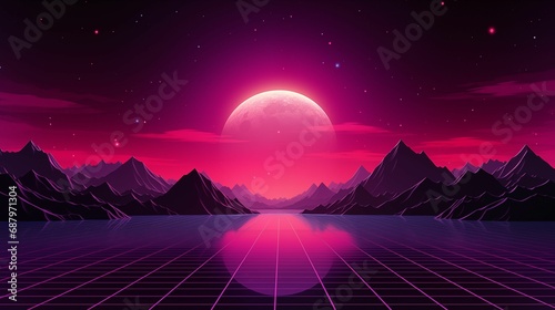 A silhouette of mountains illuminated by a radiant sunset in the background of a video game screen photo