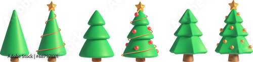 Realistic Christmas trees in different shapes, 3d render green Xmas tree with red ornaments and golden star. Abstract decorated pine tree for winter holiday, New Year festive decor vector element set