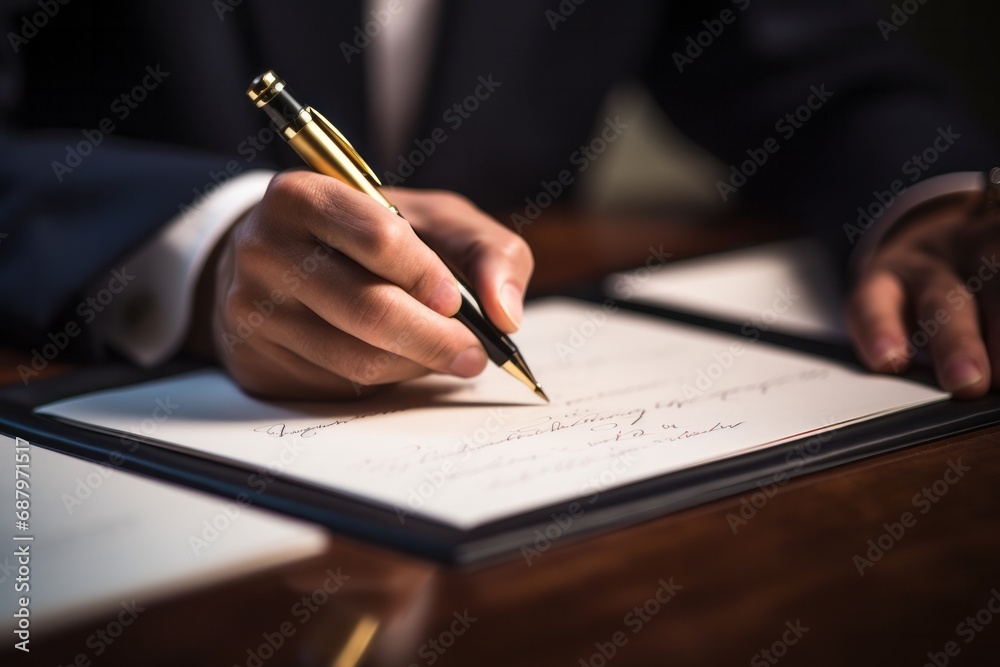 Close-up of signing a signature with a fountain pen by a businessman - obrazy, fototapety, plakaty 