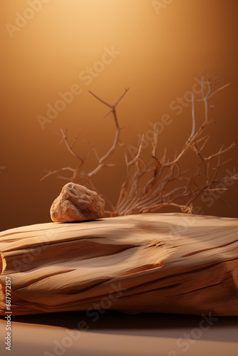 Background for cosmetic  branding product, jewellery or some package with stone, wood and plant. Beige natural tones.