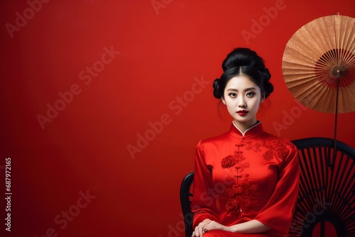 Photo asian woman in chinese dress traditional, chinese new year concept. one color background and copy space. generative ai