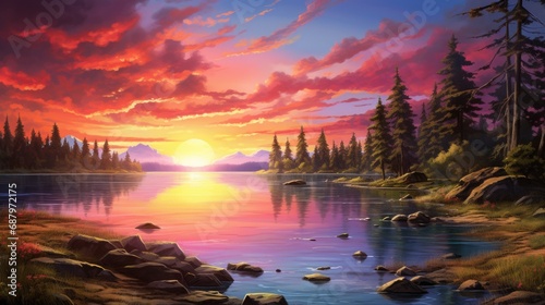 Idyllic lake view at sunset with vibrant landscape. Serene nature scenery.
