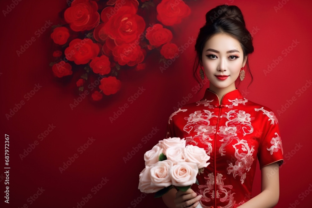 Photo asian woman in chinese dress traditional, chinese new year concept. one color background and copy space. generative ai Photo asian woman in chinese dress traditional, chinese new year concept. one color background and copy space. generative ai