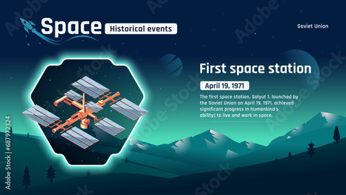 First Space Station Unveiling Space's Historic Events and Revolutionary Inventions-Vector illustration design