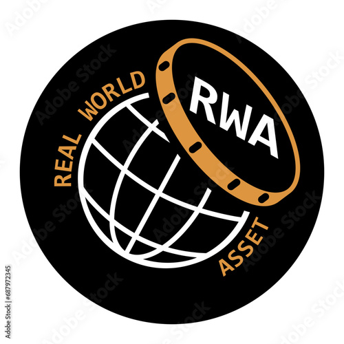 REAL WORLD ASSET icon, RWA acronym crypto, tokenized real world asset token illustration. Text version. RW asset, dark theme, black background.