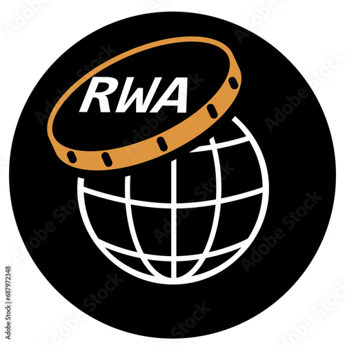 REAL WORLD ASSET icon, RWA acronym crypto, tokenized real world asset token illustration. RW asset, dark theme, black background.