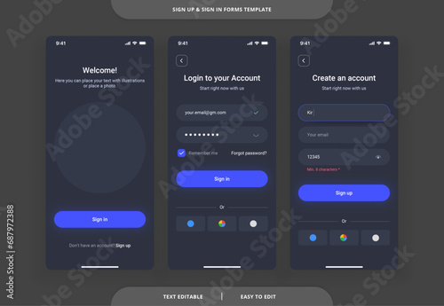 Sign Up and Sign In forms. Registration and login and password forms page for mobile app. Vector template for your design.