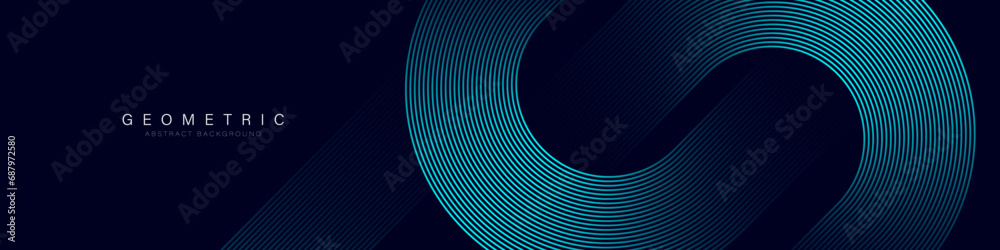 Modern dark blue abstract horizontal banner background with glowing geometric lines. Shiny blue diagonal rounded lines pattern. Futuristic concept. Suit for cover, brochure, presentation, flyer, web - obrazy, fototapety, plakaty 
