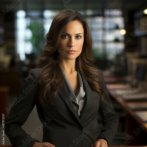 portrait of female lawyer in a modern office background, leaning on desk, facing camera