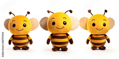Cute plush baby bee and look what sweat they are. 3 in one pic. White transparent background. Generative AI Technology  photo