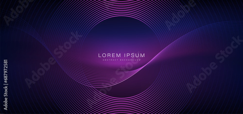 Dark gradient abstract background. Glowing circle lines design. Modern shiny wave lines. Futuristic technology concept. Suit for poster, banner, brochure, business, cover, presentation, flyer, website