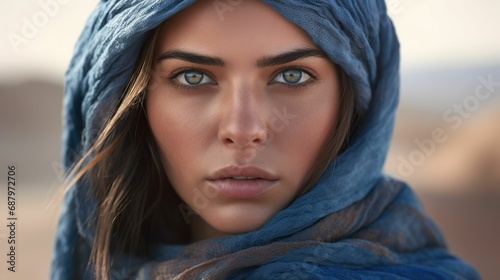 AI generated illustration of a female in a windy desert  her blue scarf billowing in the breeze